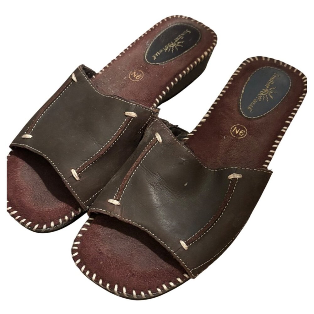 SunBay Brown Leather Footwear Slide Sandals Size 9N Stitched Detail Open Toe